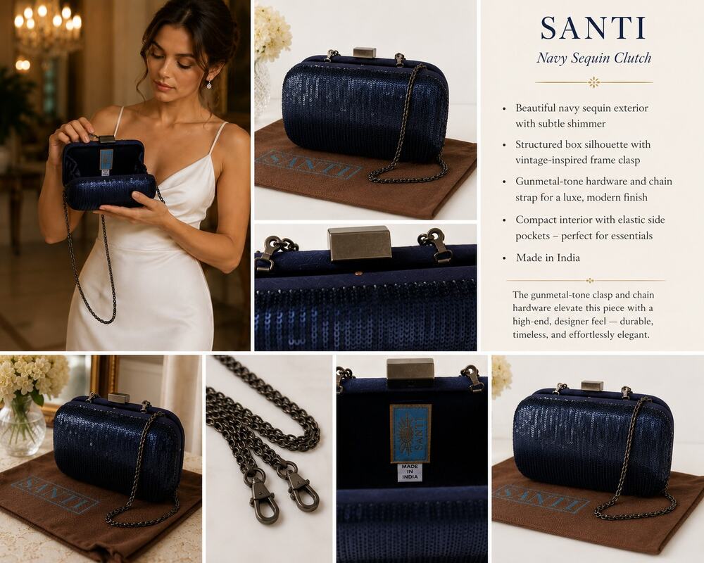 SANTI Navy Blue Sequin Evening Clutch Gunmetal Dust Bag. Neiman Marcus $250